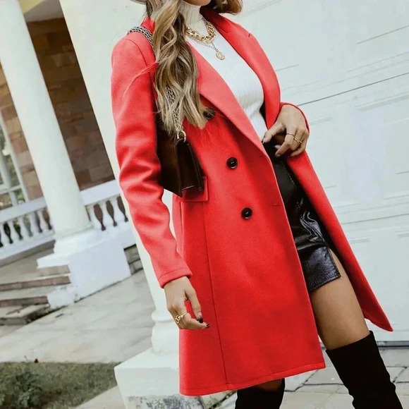 Red Elegant Women's Turndown Collar Long Sleeve Double-Breasted Knitted Coat - Picture 5 of 5